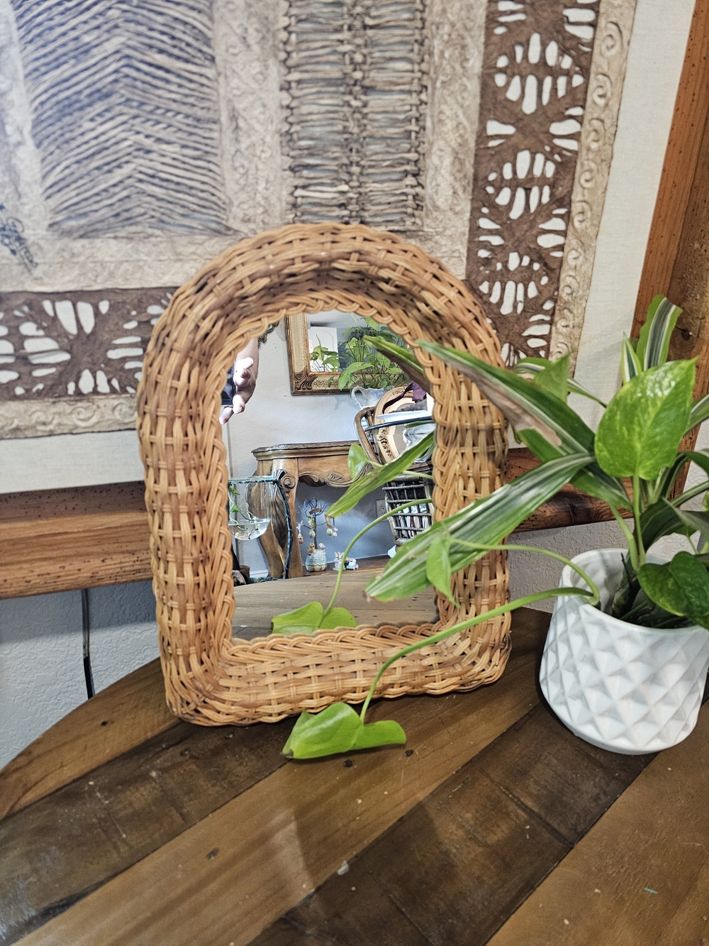 VintageNatural Rattan Wicker Arched Mirror 1970s 16" X 12"